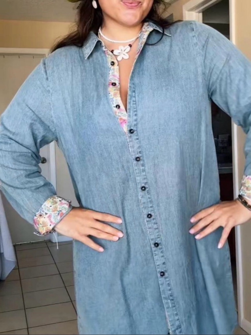 Natural Life Wash Denim Shirt Dress with Floral Trim